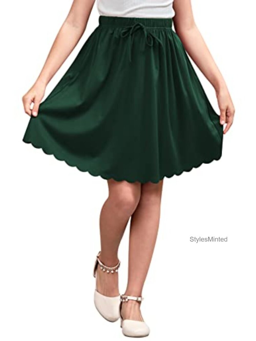 Girls Scallop Hem Bow A-Line Skirt Pockets 100% Polyester Knit